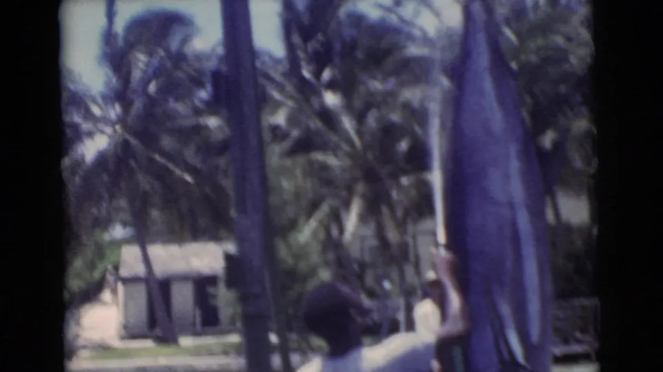 Soft 8mm frame showing palms, a low waterfront building, and part of the suspended swordfish at the edge of the dock scene.