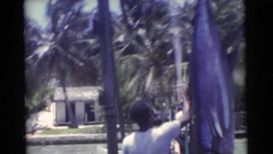 1956 Miami home-movie frame showing a person near a large vertical fish on a dock with palm trees and a small building beyond the water.