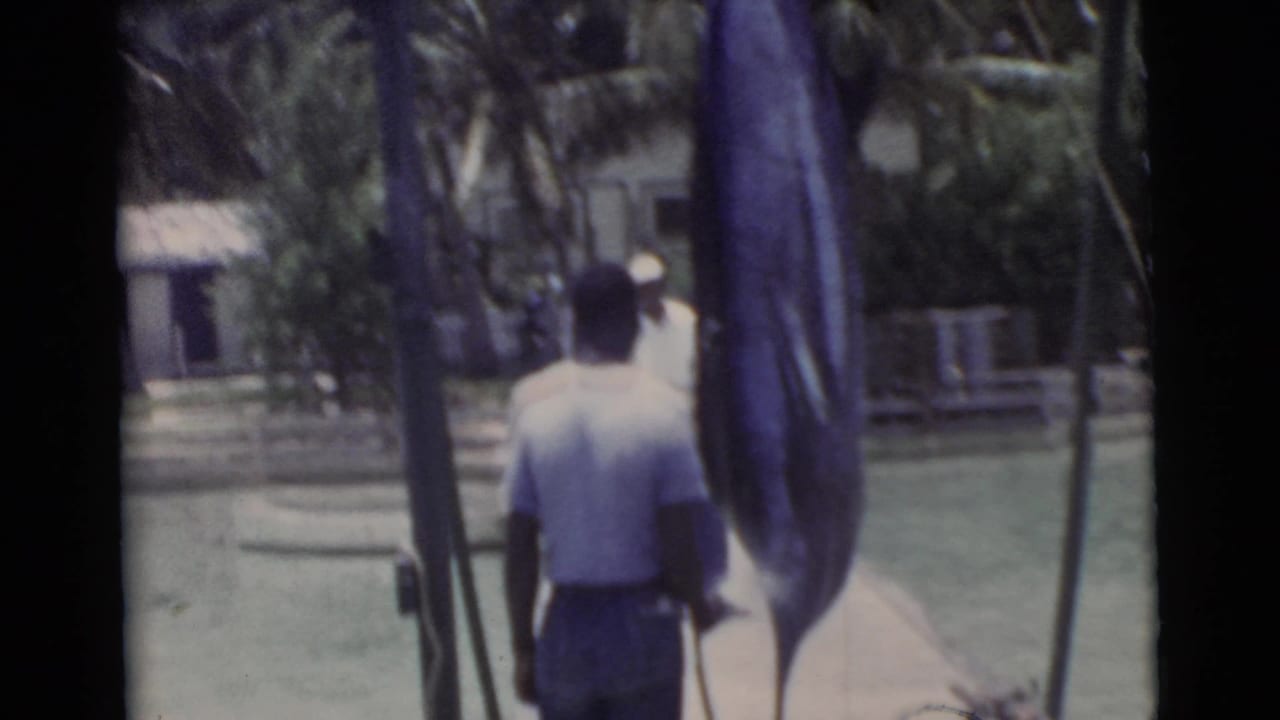 Man seen from behind walking on a waterfront path beside a large hanging fish.