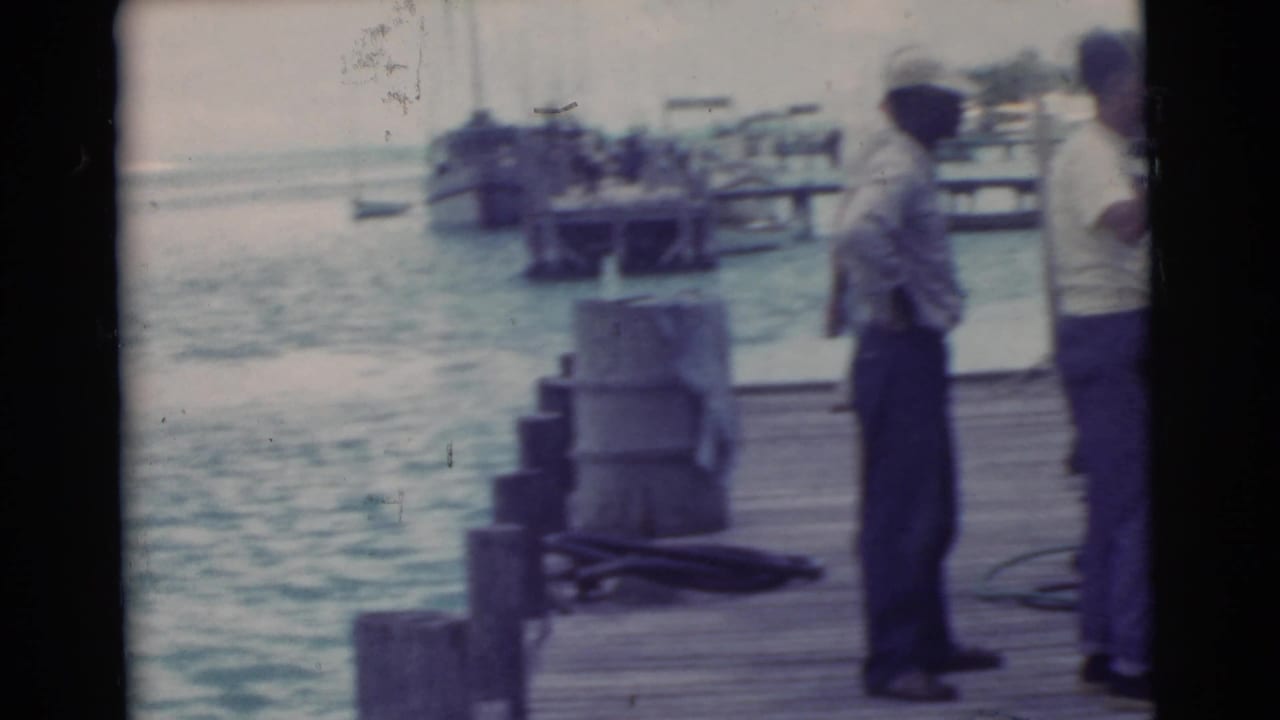 Two men stand on a wooden pier beside calm water and small boats.