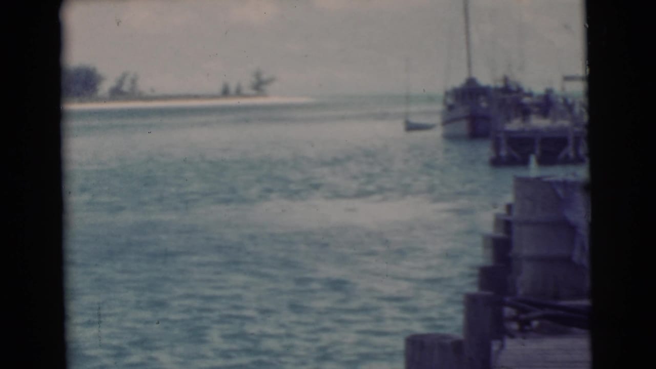 1956 Miami waterfront view from a wooden pier, with pilings, small boats, calm water, and a hazy shoreline under cloudy sky.