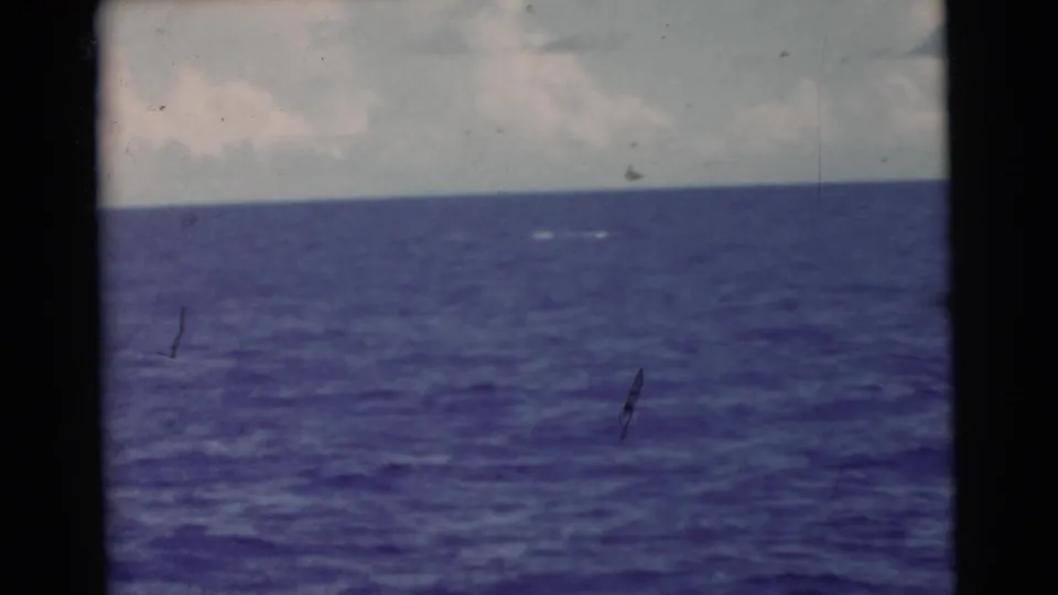 Final 1956 Miami-area frame holds on open ocean and cloudy sky with a small white disturbance near the horizon.