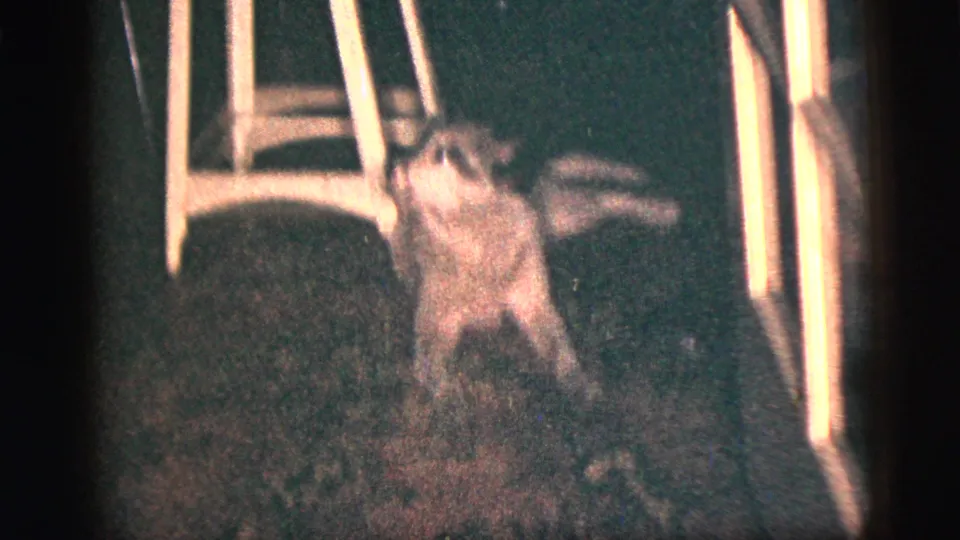 A white chair and nearby seated figures appear in the dim private interior of the 1956 New York City home-movie party.