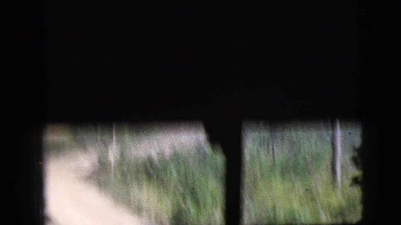 Obstructed 1956 8mm travel frame showing dark vehicle framing, a blurred pale road, and green vegetation near the lower edge.