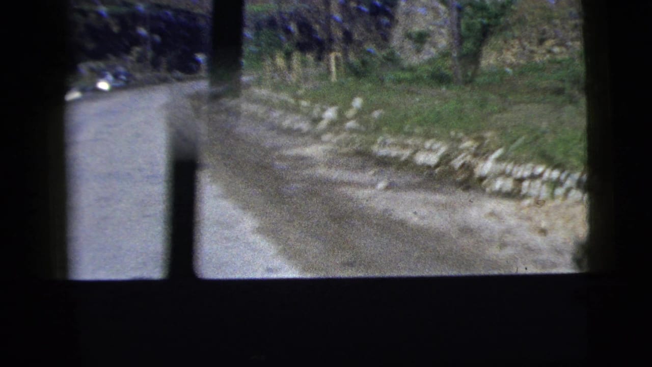 1956 8mm frame showing a narrow rural road, grassy roadside, and stone edging from a moving car viewpoint.
