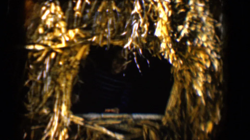 Faded 8mm frame showing straw or thatch around a dark opening, likely part of the same Tucson cultural gathering setting.