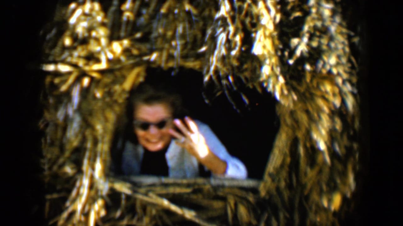 Woman in sunglasses waves from a straw-framed hut opening.