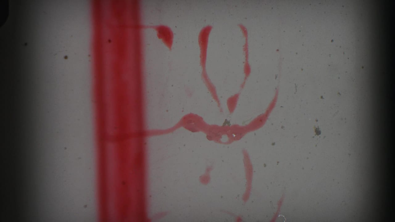 Red abstract markings on a pale film surface with dark frame edges.
