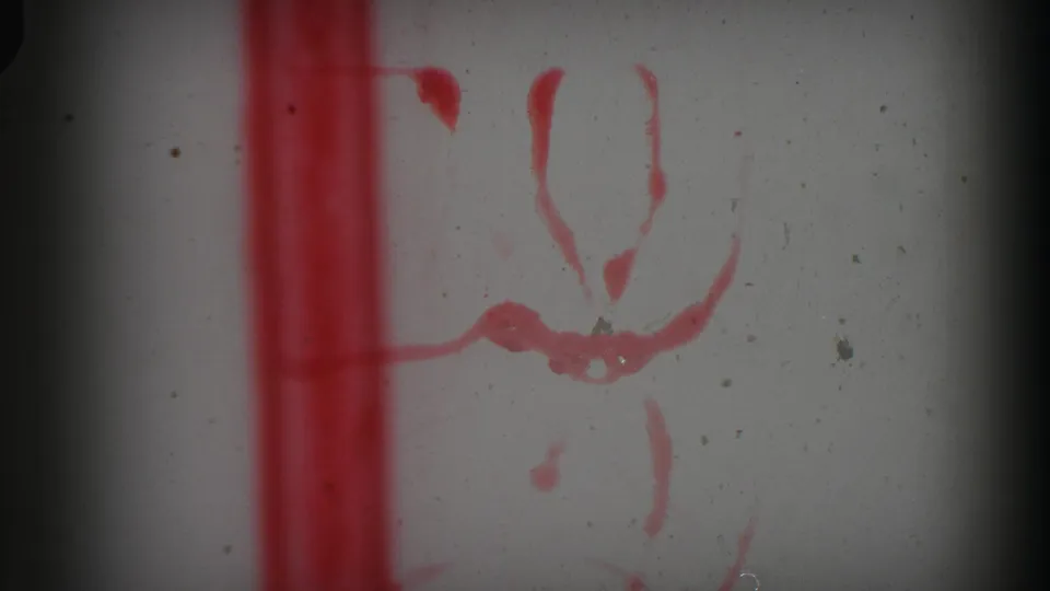 1969 Lake Tahoe 8mm frame showing red leader-like markings on a pale surface with dust and dark gate edges.