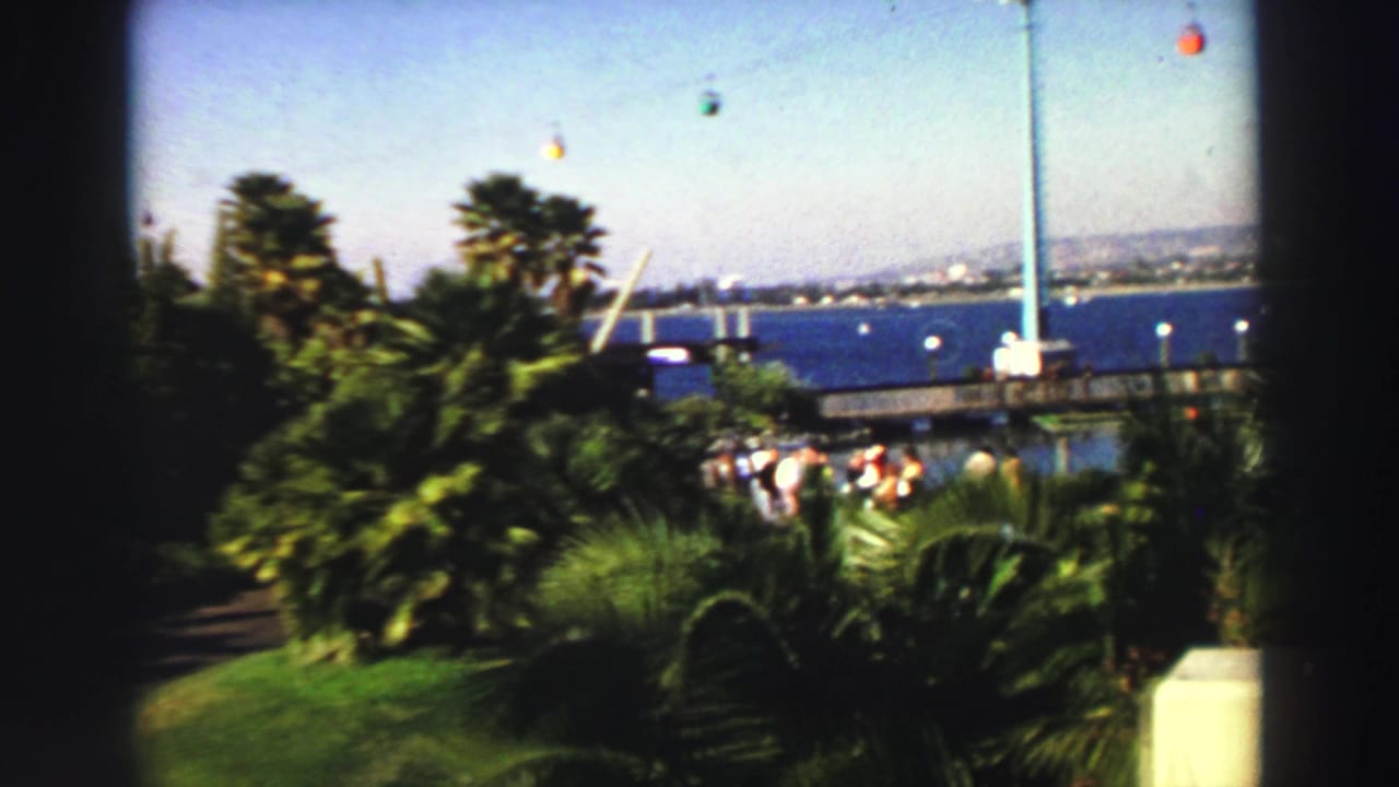 Lake view through dark vertical structures with palm landscaping and visitors below.