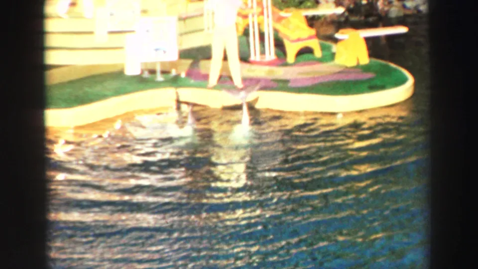 1969 Lake Tahoe home-movie frame showing two dolphins jumping near a bright artificial island and show props.
