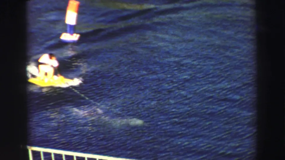 1969 Lake Tahoe home-movie frame showing a rider on a yellow board near a buoy, with a pale dolphin-like form visible under the water.