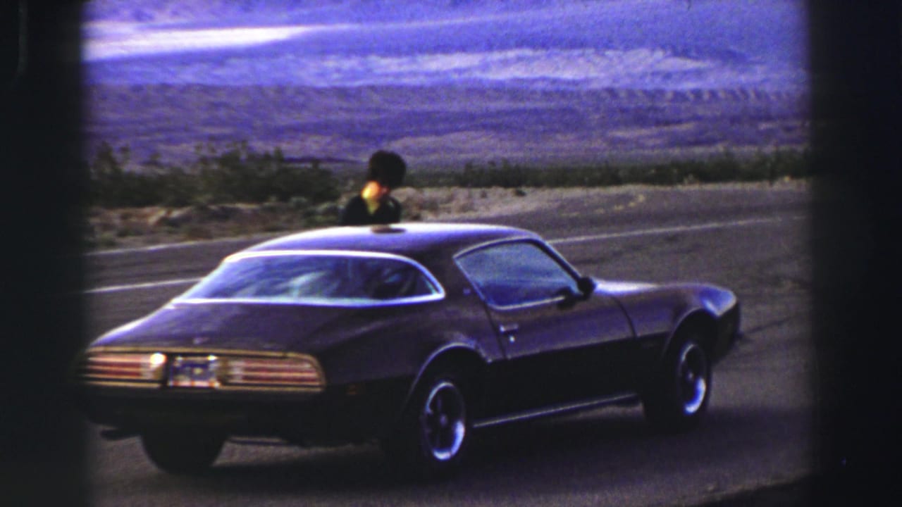Dark classic coupe parked on a roadside with a person leaning near the windshield.