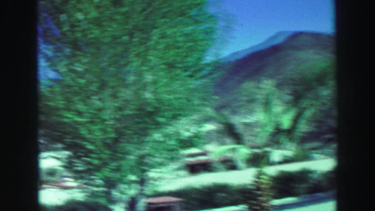 Blurred roadside trees and dry mountains seen from a moving vehicle.