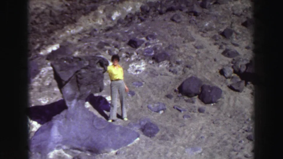 A woman in a bright yellow shirt stands beside a large dark rock in the Lake Tahoe landscape, based on clip metadata.