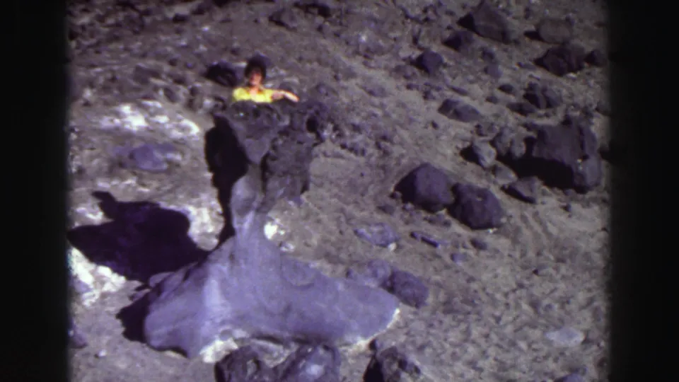 The tourist appears partly hidden behind a large dark rock on rugged Lake Tahoe terrain in this 1969 8mm frame.