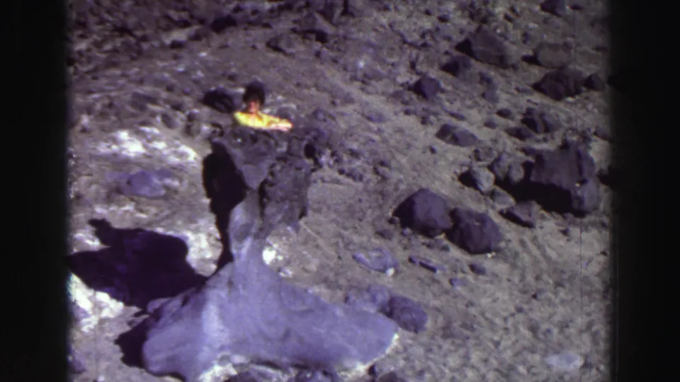 A dark-haired tourist in a yellow shirt is partly obscured by a large rock in 1969 Lake Tahoe home-movie footage.