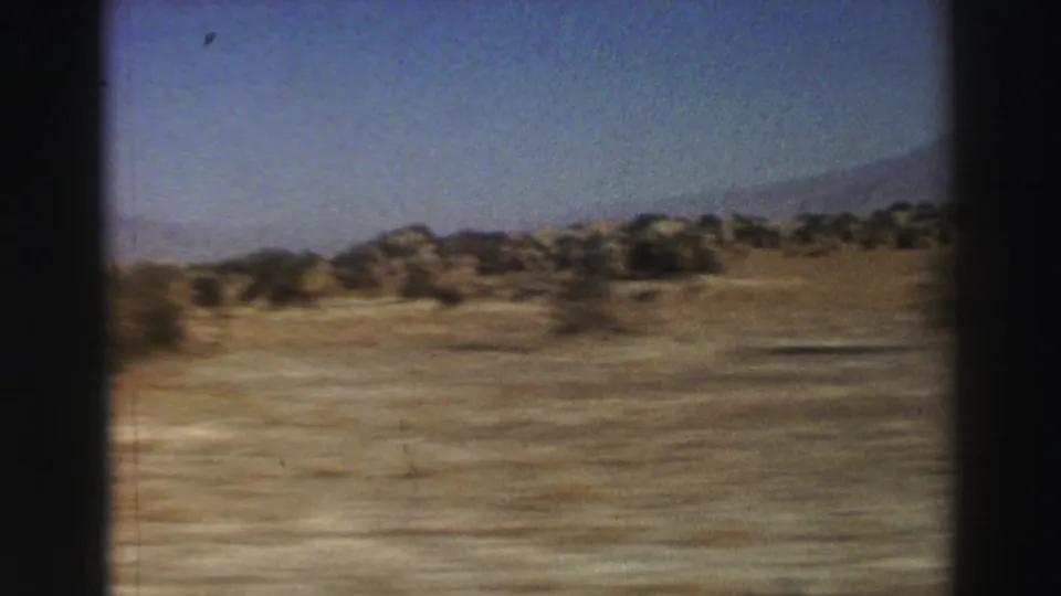 Home-movie frame with lateral motion blur across dry desert brush, pale ground, and a faint mountain backdrop.