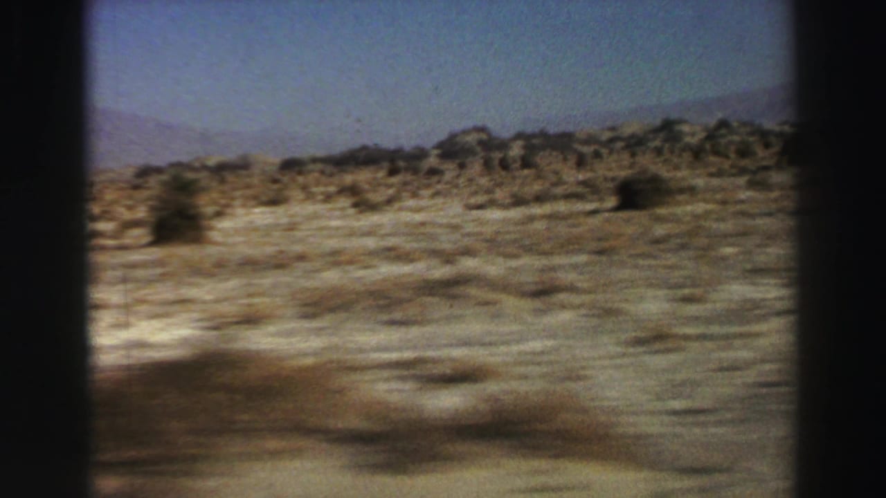 Arid roadside with shrubs, rocky rises, and blue sky from a moving car.