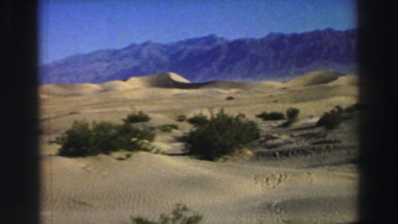 Tan sand dunes with green shrubs and distant mountains under a blue sky.