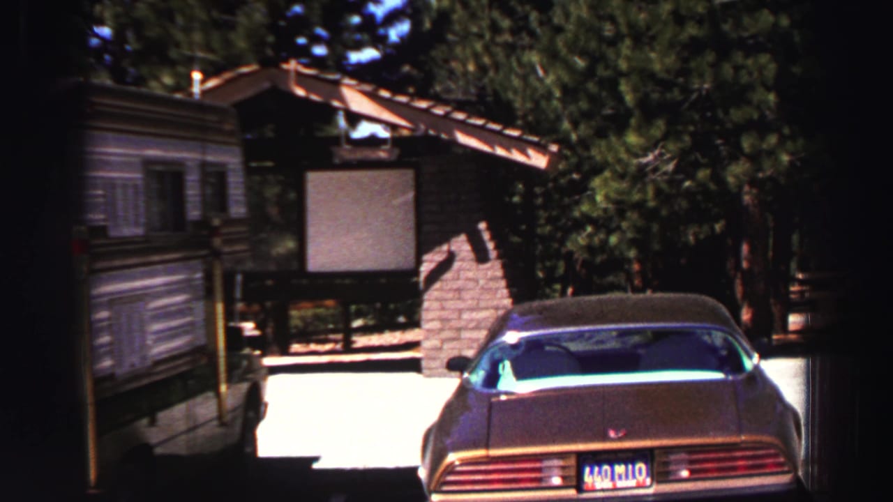 Brown car parked beside a travel trailer and rustic shelter among pine trees.