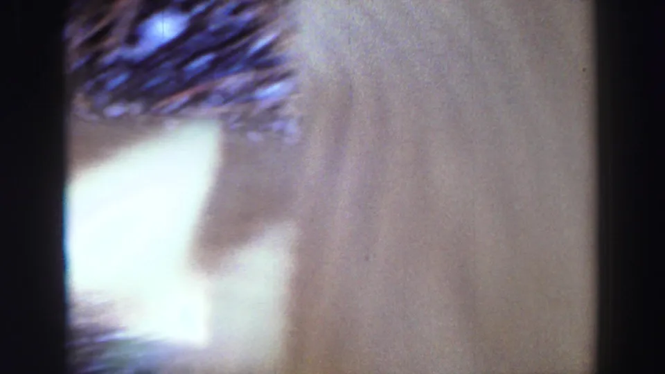 Soft, overexposed 8mm transition frame from the Lake Tahoe home movie, with blurred texture and film edge visible.