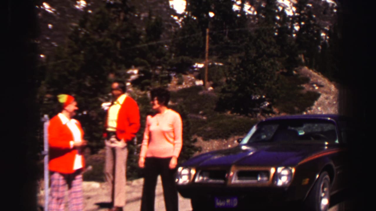 Three adults stand beside a dark vintage car at a wooded mountain roadside stop.