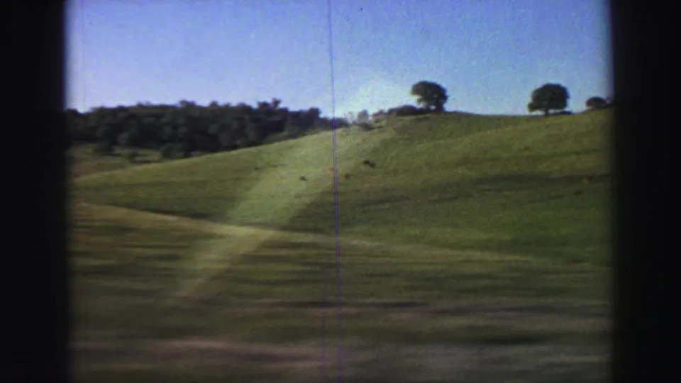1969 California countryside view from a moving vehicle, showing green pasture, scattered trees, and soft motion blur.