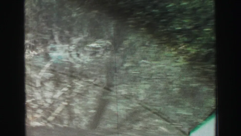Shaky 8mm Lake Tahoe driving frame with stone wall texture, trees, and dark tunnel framing during vehicle motion.