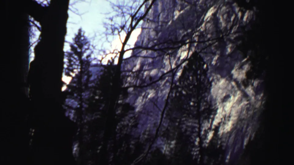1969 Lake Tahoe home-movie frame with dark trees and branches silhouetted against a sunlit granite rock face.