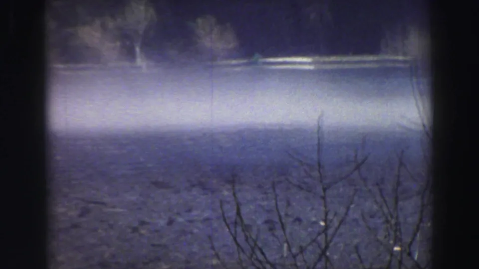 Soft 8mm frame near Lake Tahoe showing roadside brush, trees, and haze or motion blur across the lower road area.