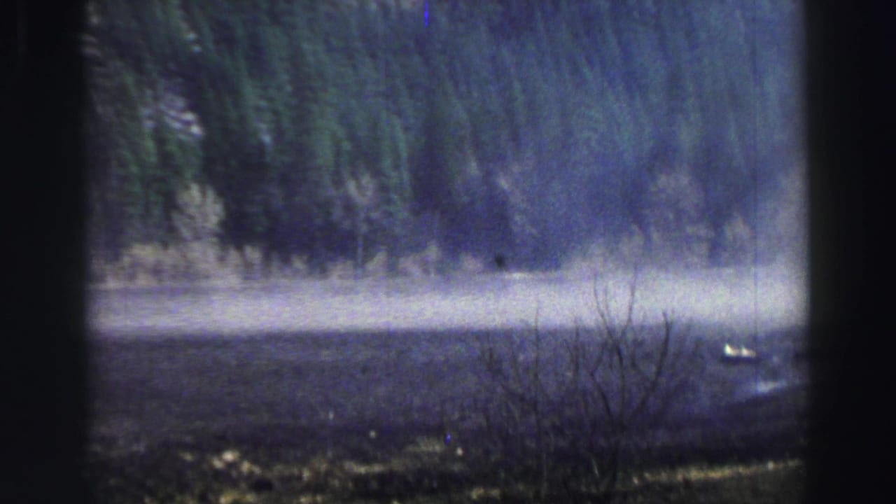 Wind-ruffled lake water with mist, forested shoreline, and dark film borders.
