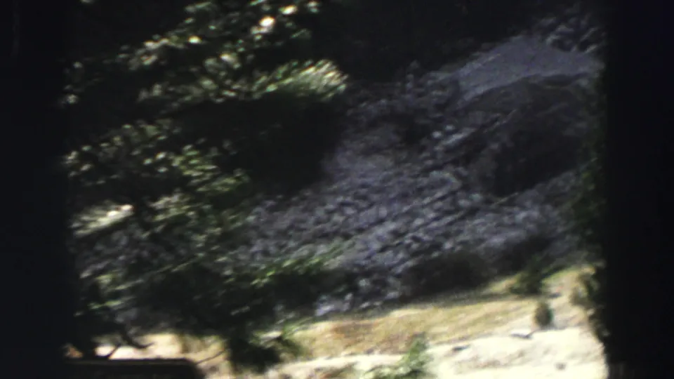 A blurred 1969 8mm view near Lake Tahoe shows trees, dark wind-scoured ground, and a pale strip that may be road or shoreline.