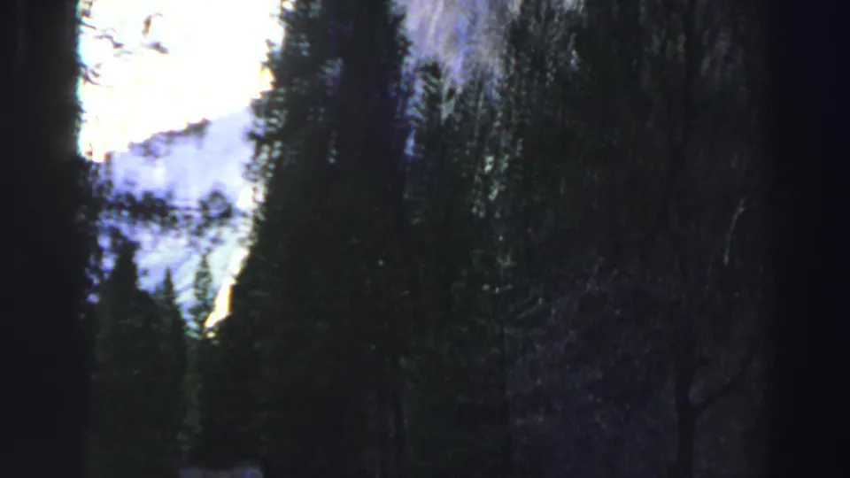 1969 Lake Tahoe 8mm frame looking through shadowed pines toward sunlit granite and pale sky.