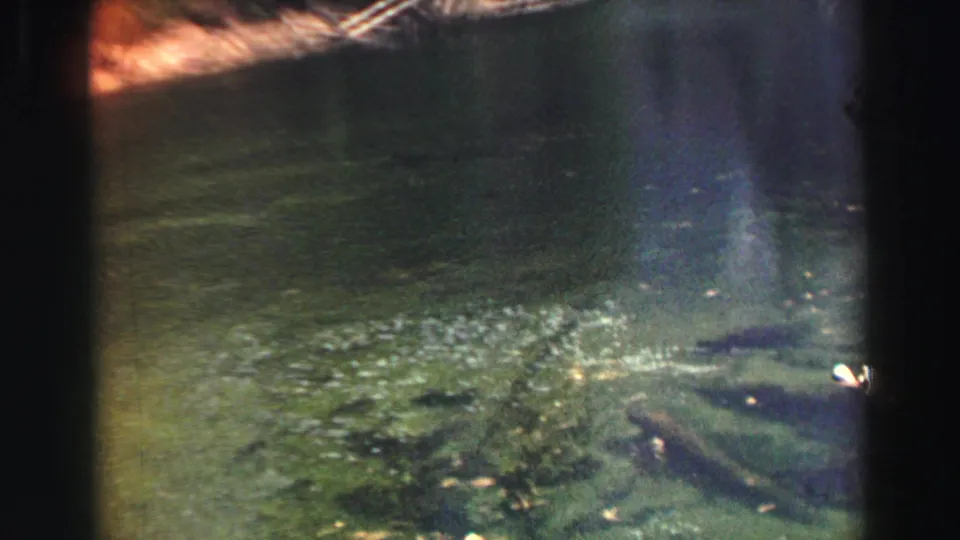 1969 Lake Tahoe footage shows calm green water and reflections, contrasting with the earlier smoke and fire frames.