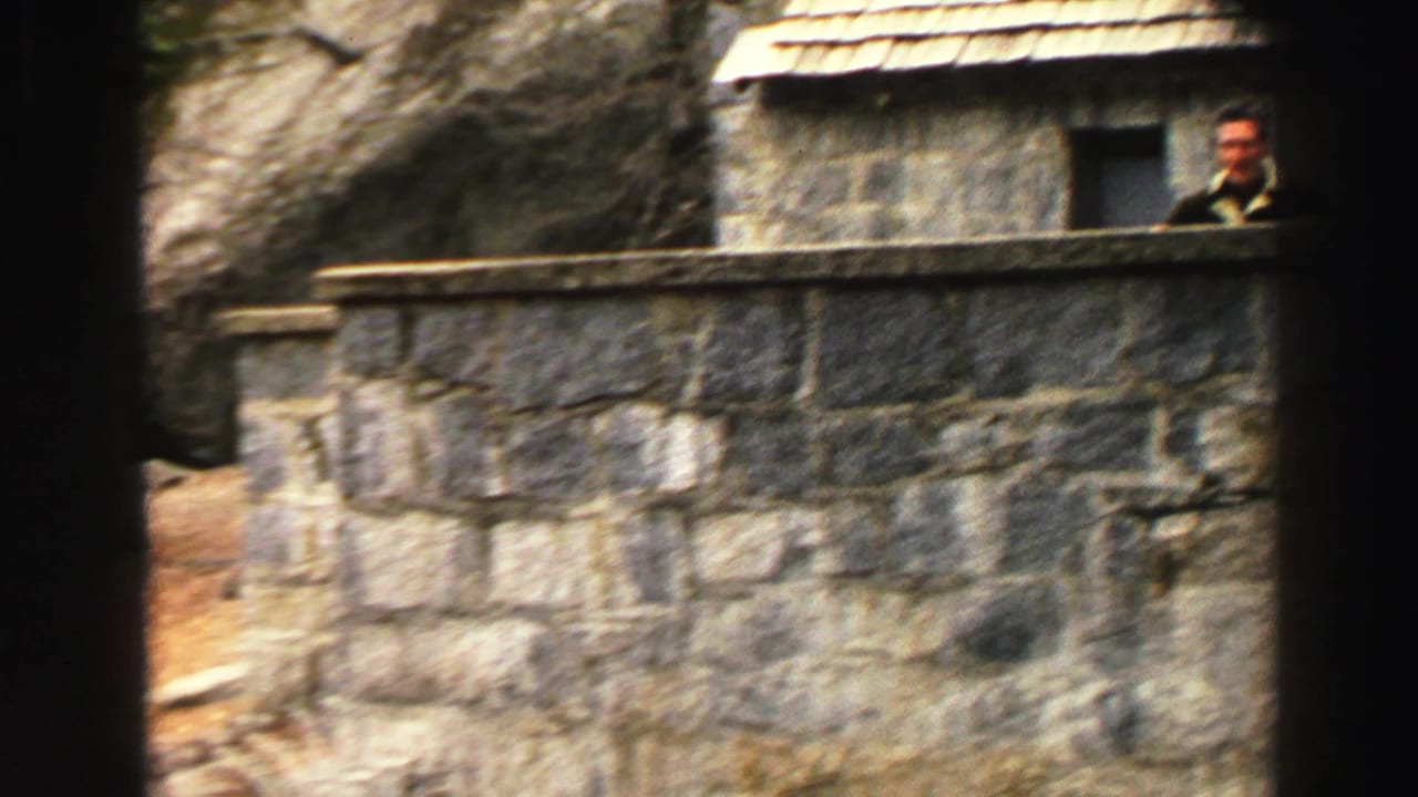 Man in a dark suit behind a stone wall near a rustic shingled building.