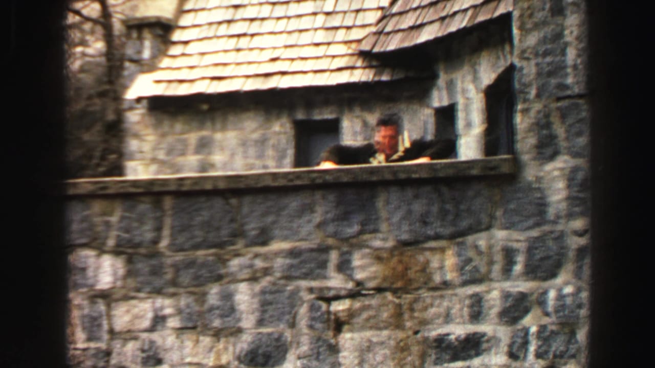 Man leans over the top of a stone wall beside a shingled roof.