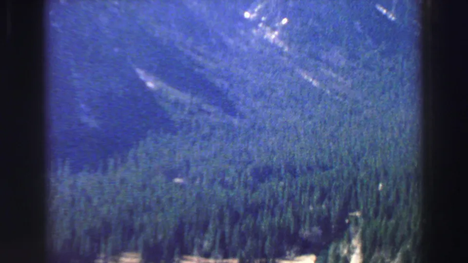 1969 8mm home-movie frame from the Lake Tahoe area showing a high vantage over dense evergreen forest and a shadowed mountain slope.