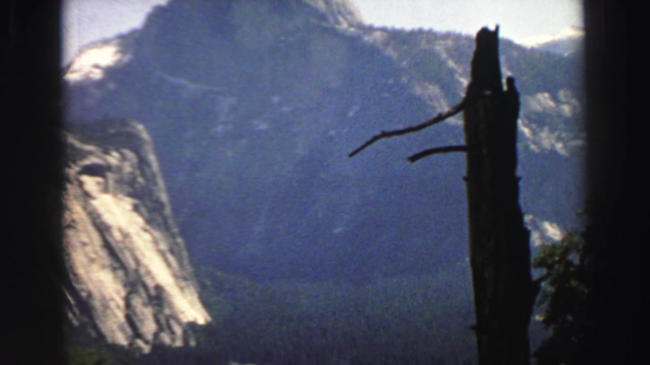 Distant mountain slope and granite cliff seen past a dark silhouetted tree trunk.