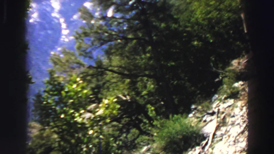 Lake Tahoe home-movie frame showing green forest, rocky slope, and hazy blue mountain distance in bright daylight.