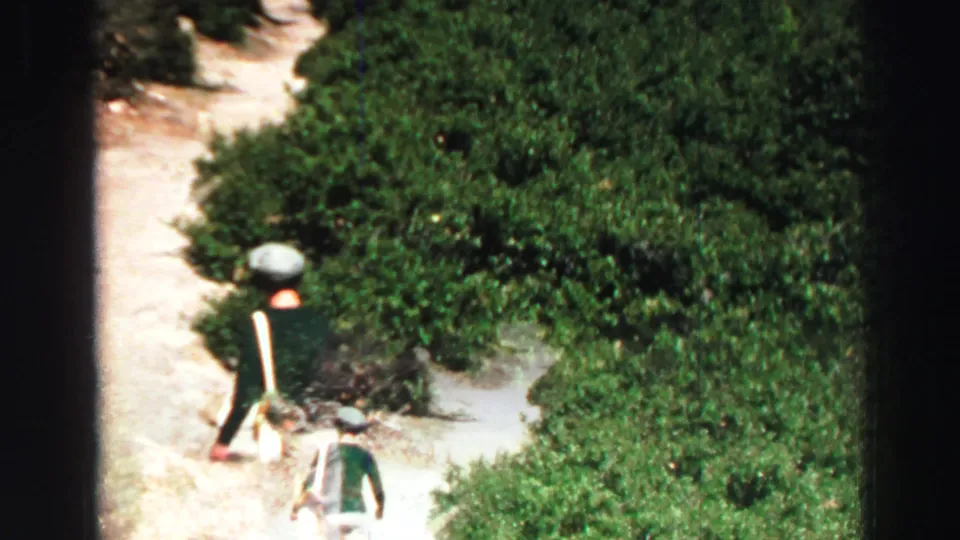 1969 Lake Tahoe-area 8mm frame with two hikers seen from behind on a winding dirt path amid shrubs and trees.