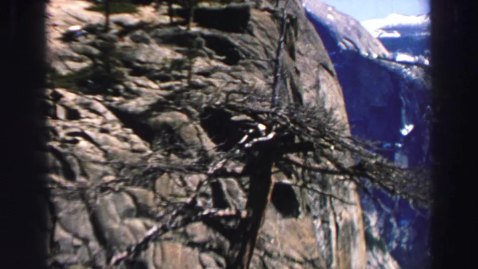 A hiker appears on a rocky Lake Tahoe-area slope, partly framed by branches, with distant snowy peaks and valley terrain beyond.