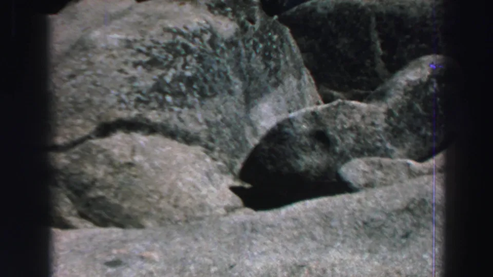 1969 Lake Tahoe footage holds on rounded gray boulders and shadowed crevices in a rocky outdoor landscape.