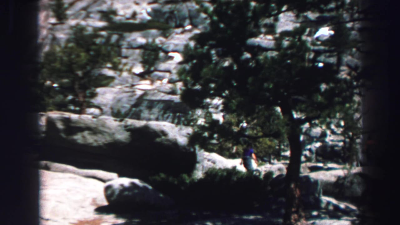 Distant hiker among pine trees and large granite boulders on a forest trail.