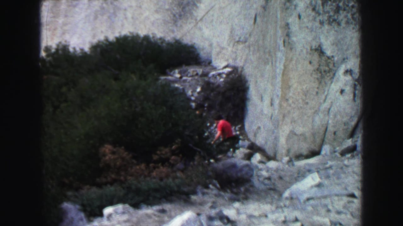 Distant person in a red shirt beside shrubs and a pale rock wall.