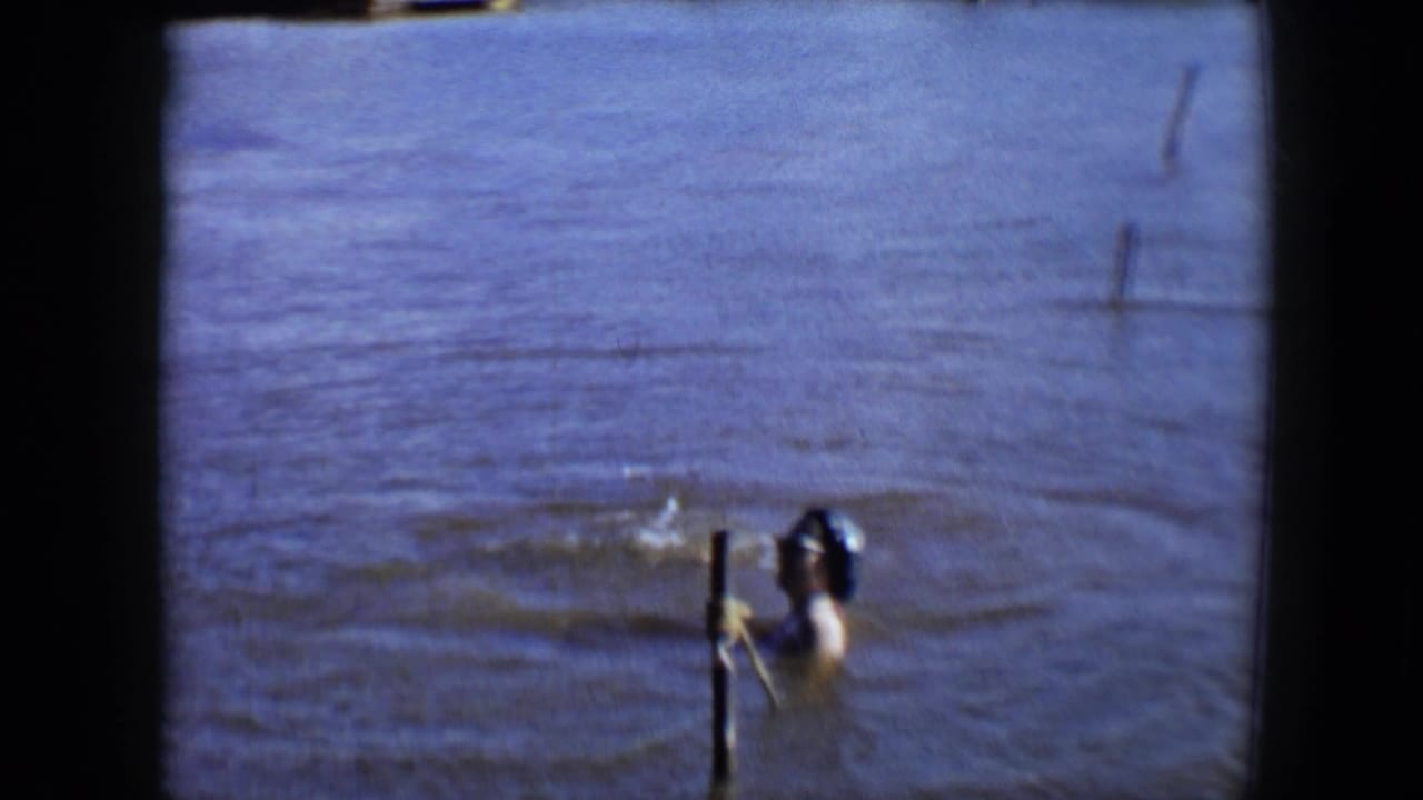 Swimmer in shallow blue water holding near a wooden post.