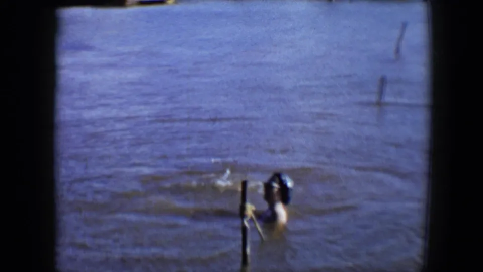 1959 Disneyland home-movie frame showing a swimmer in a lake beside a wooden post, with ripples spreading across the water.