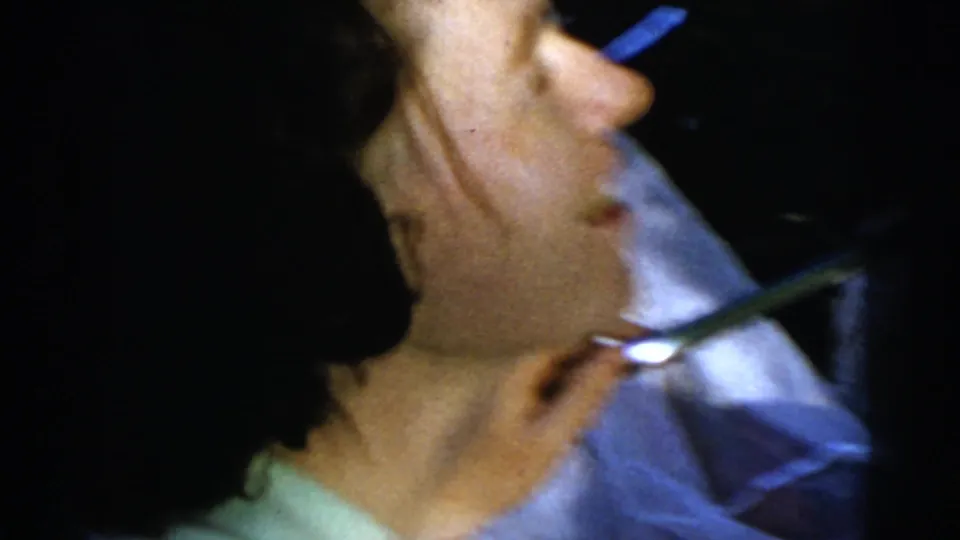 A tight profile frame shows the young woman raising a utensil while seated outdoors in the 1961 picnic footage.