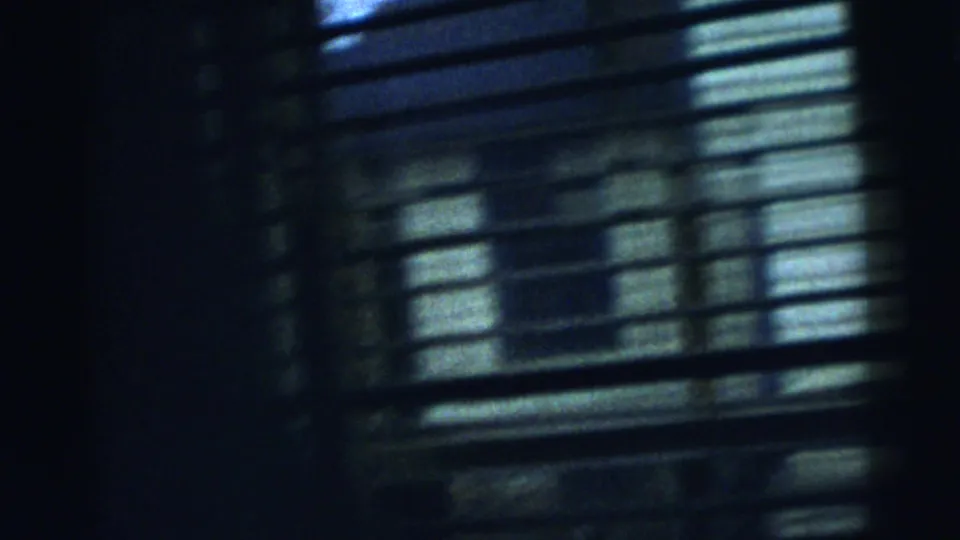 Dark 8mm view of window blinds in a Gary, Indiana interior, with bluish exterior light and blurred shapes beyond the slats.
