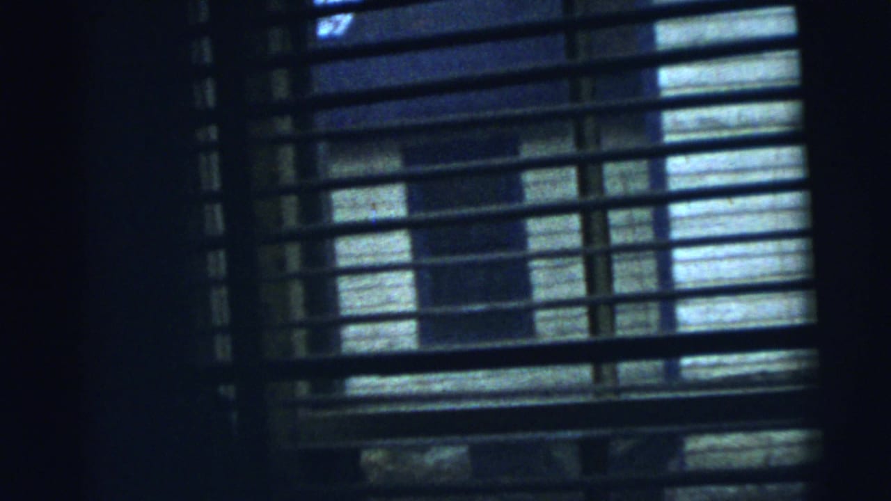 Dark interior view through horizontal blinds toward a neighboring exterior.